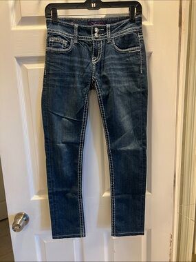 Vigoss Dark Blue Skinny Jeans with White Contrast Stitching & Rhinestone Details
